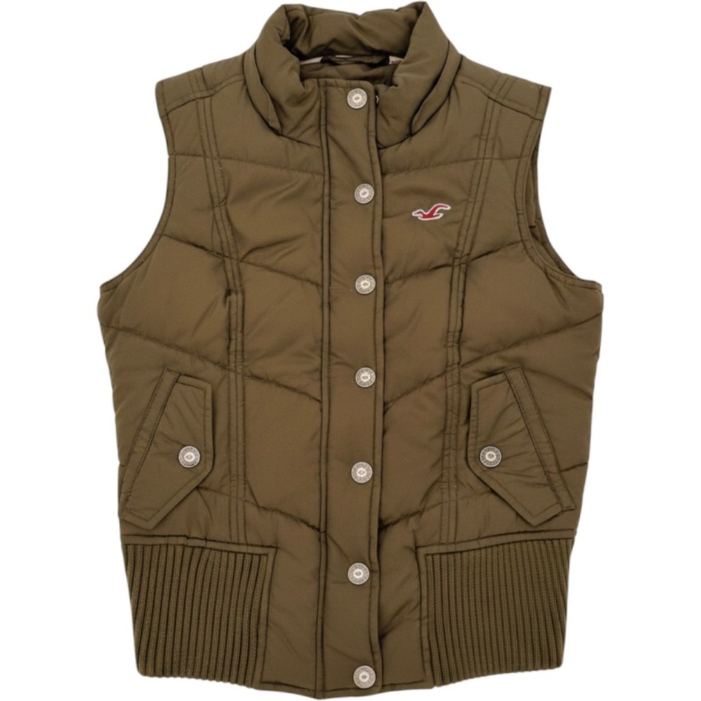 Hollister Puffer Vest Womens Size S Olive Green Quilted Ribbed Hem Outerwear